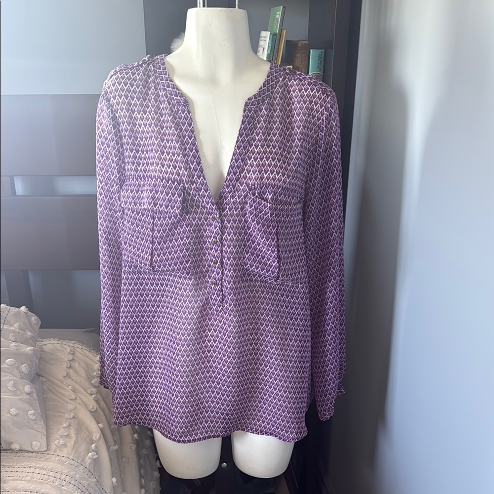 GAP Purple and White Long Sleeve Blouse with Mandarin Collar